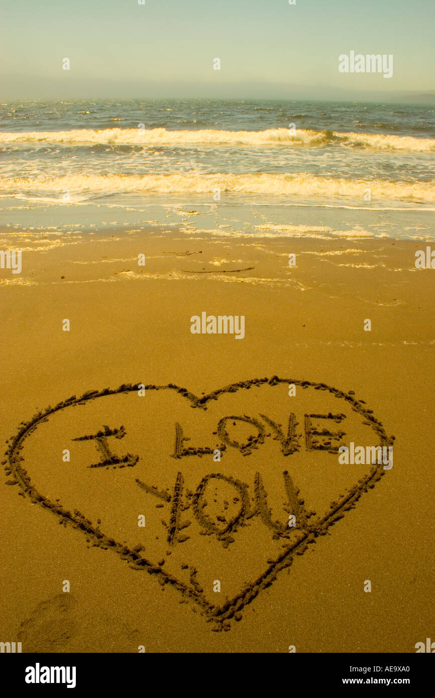 Ti Amo scolpite nella sabbia sulla Grand Manan Island New Brunswick Canada Foto Stock