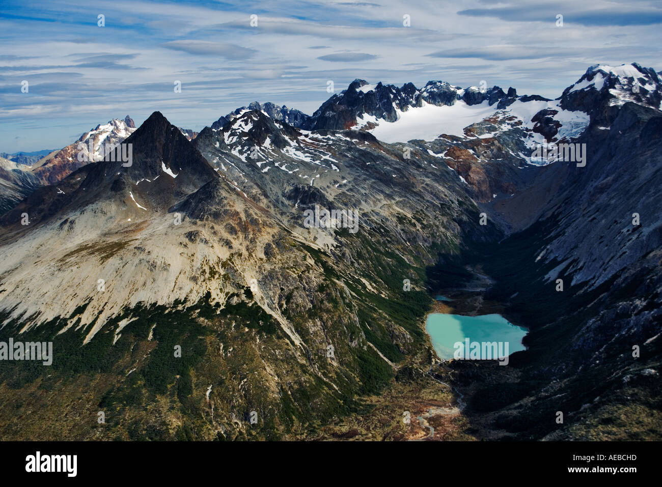 Vista aerea di Tierra del Fuego montagne delle Ande in Sud America Foto Stock