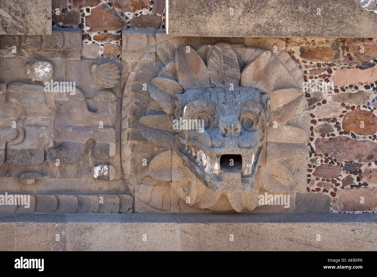 Dettaglio del serpente piumato Piramide (Città del Messico - Messico). Détail De La Pyramide du Serpent à plumes (Messico - Mexique). Foto Stock