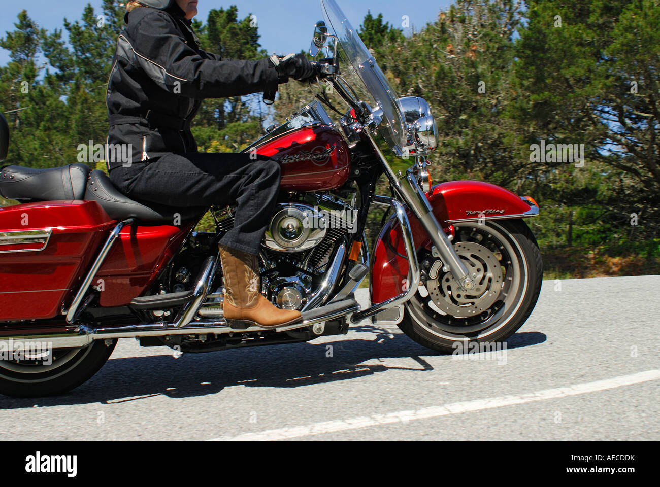 'Un 'Media di età' donna a cavallo di un "Harley Davidson' 'Road King' 'V twin' motociclo, California' Foto Stock