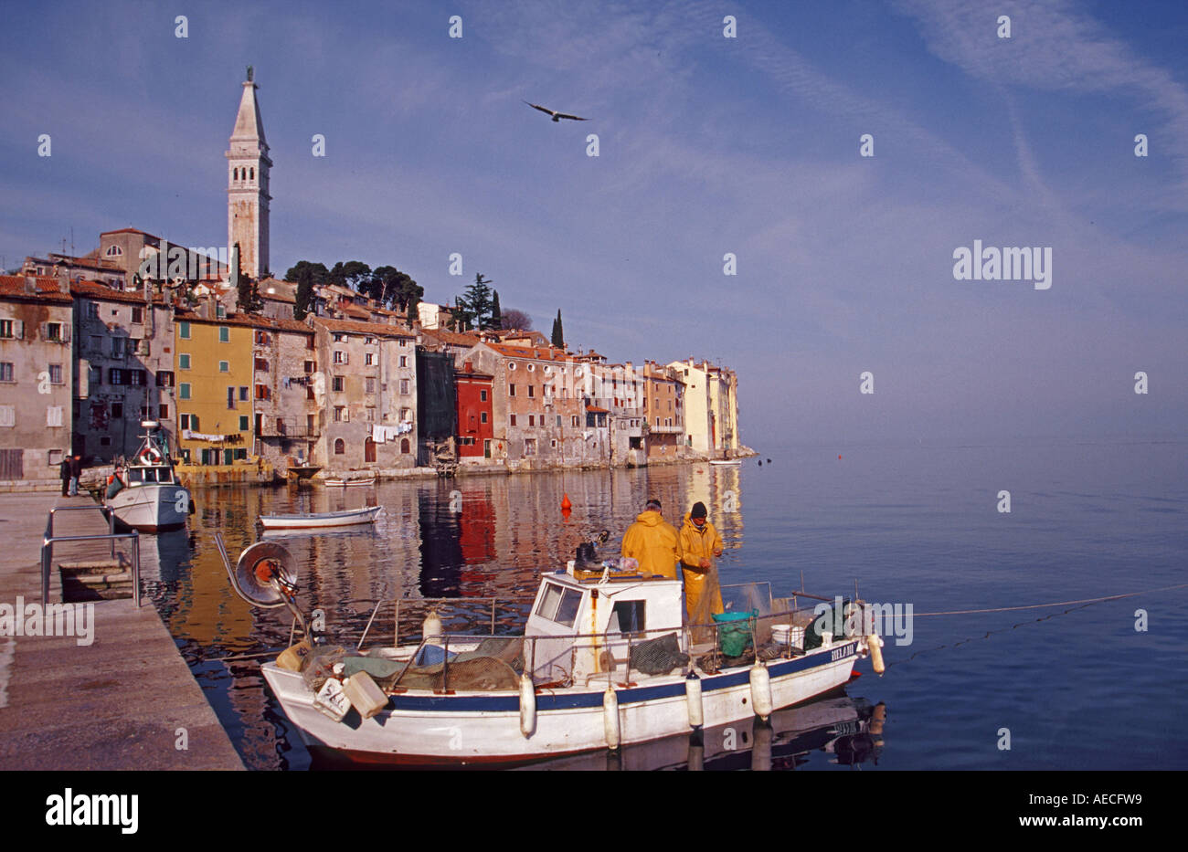 Barca da pesca in mare Adriatico porto di collina della città di Rovigno, Istria, Croazia Foto Stock