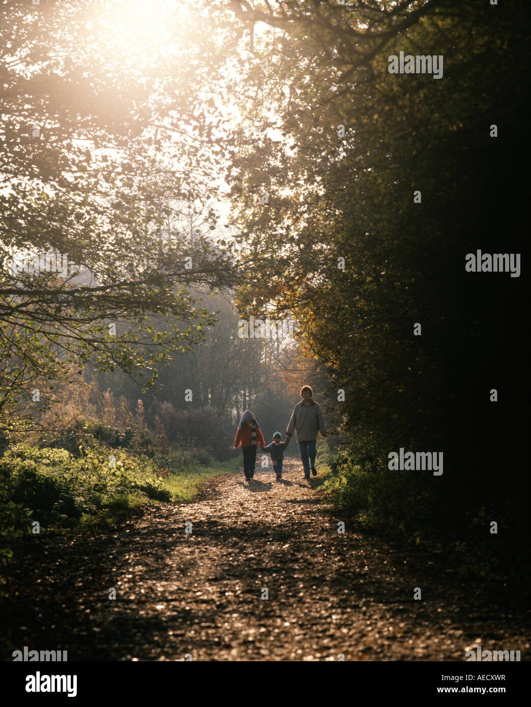 Madre con i bambini a piedi lungo una strada di campagna in Norfolk, Inghilterra Foto Stock