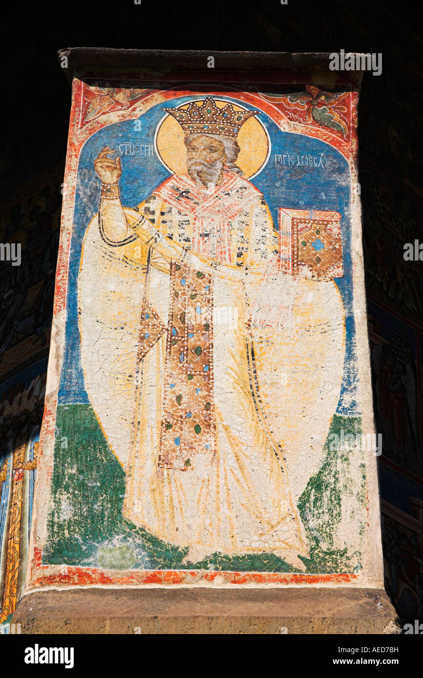 Affresco sulla parete esterna, Monastero di Voronet, vicino a Gura Humorului, Bucovina, Moldavia, Romania Foto Stock