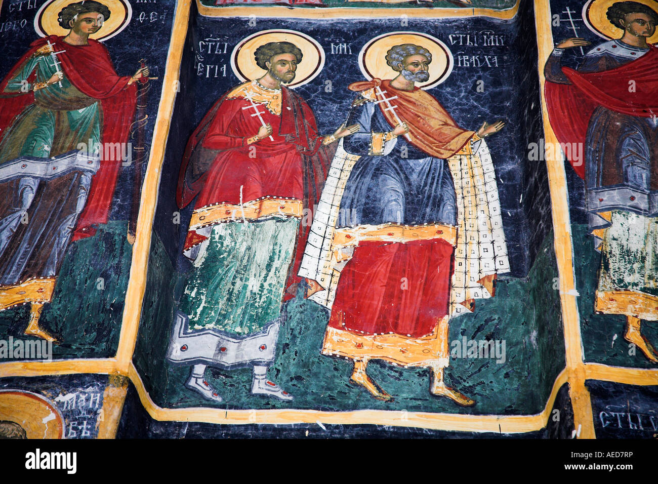 Affresco sulla parete esterna, Sucevita Monastero Sucevita, Bucovina, Moldavia, Romania Foto Stock