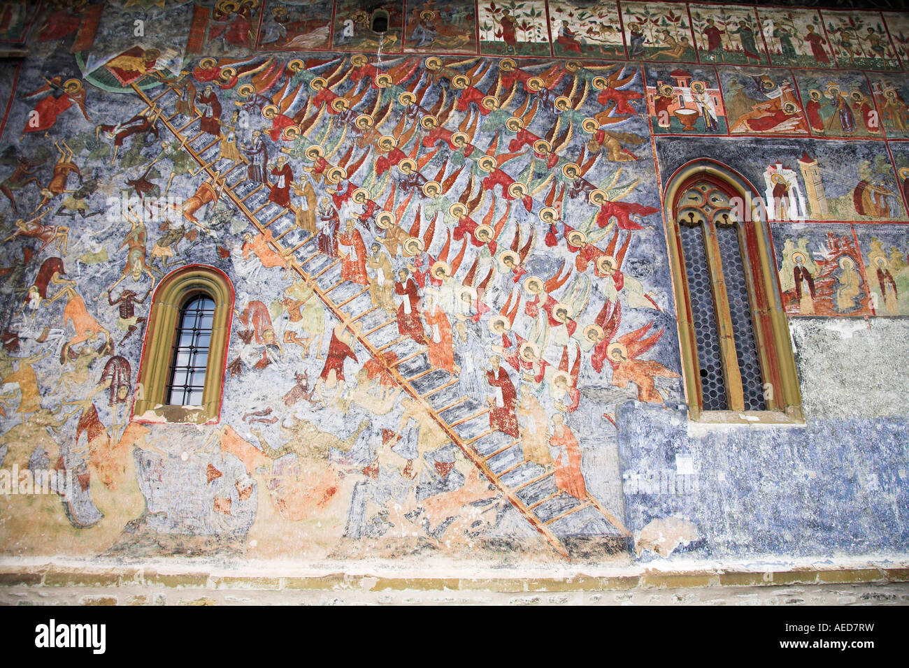 Scaletta della virtù affresco sulla parete esterna, Sucevita Monastero Sucevita, Bucovina, Moldavia, Romania Foto Stock