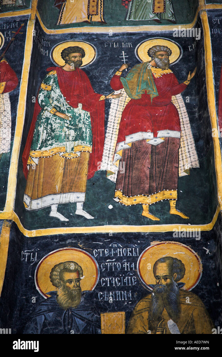 Affresco sulla parete esterna, Sucevita Monastero Sucevita, Bucovina, Moldavia, Romania Foto Stock