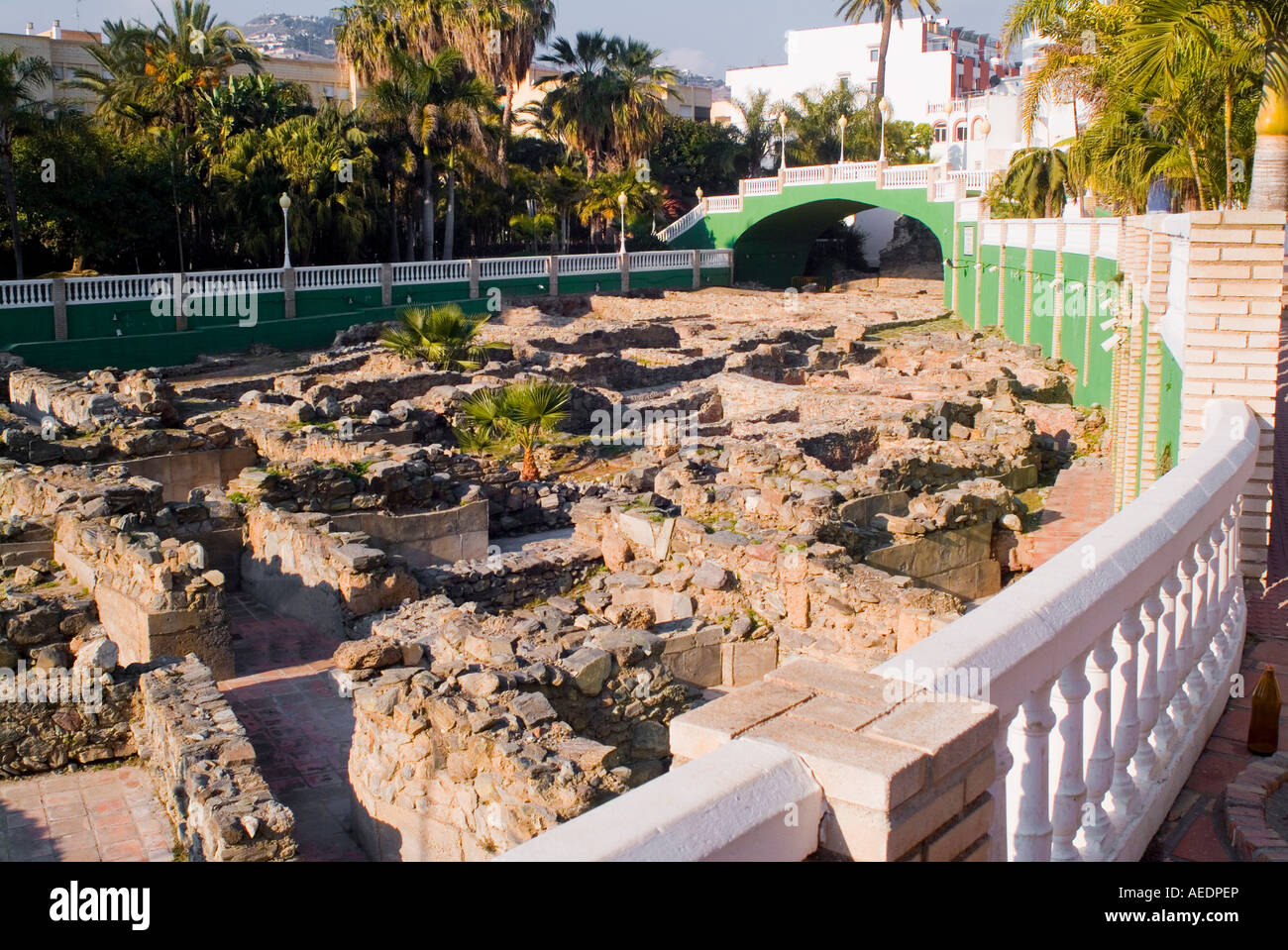 La Factoria de SALAZONES ROMANA gli antichi romani la salatura del pesce stabilimento situato nel Parque el MAJUELO IN SPAGNA ALMUNECAR Foto Stock