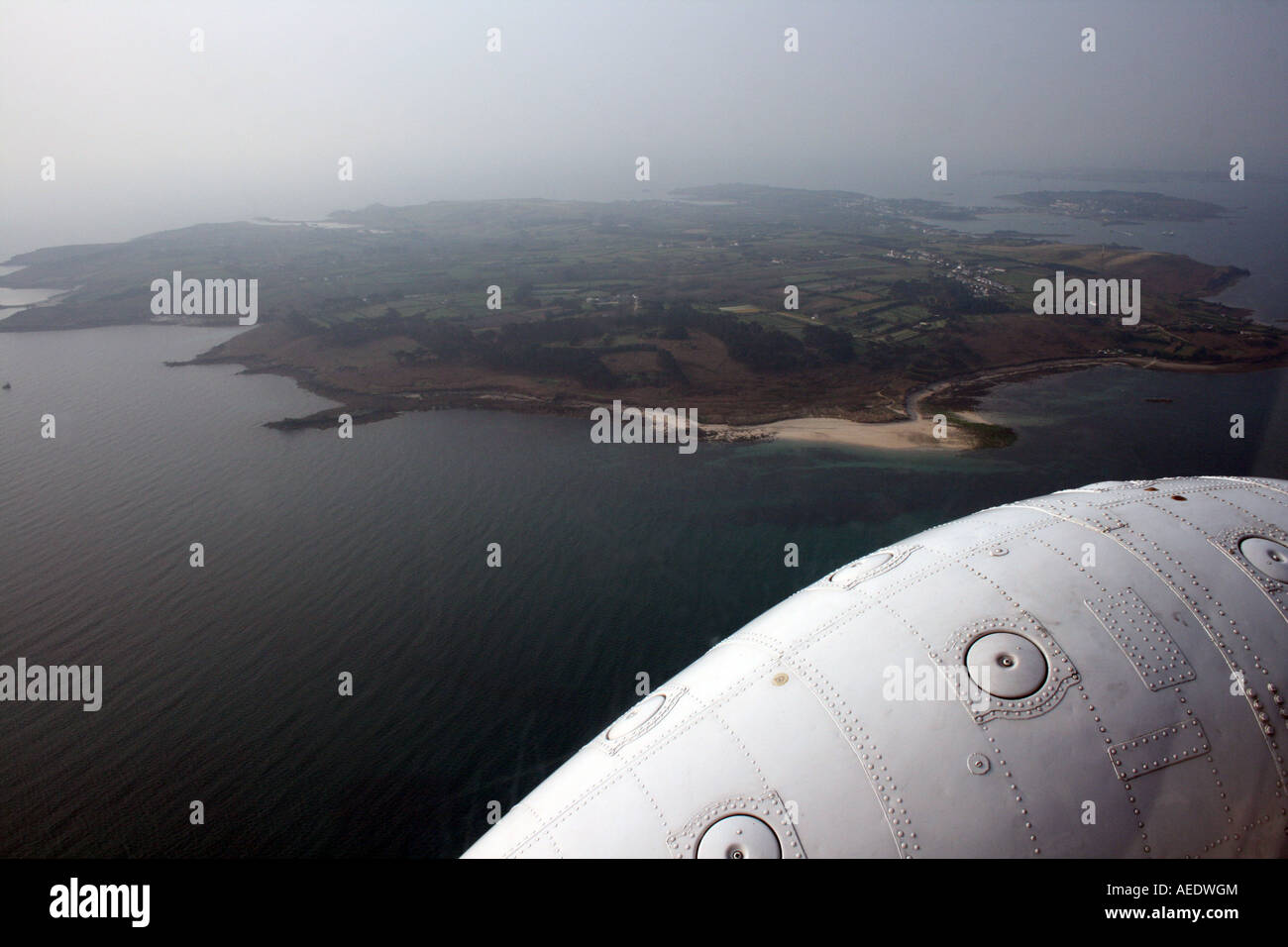 Vista dall'elicottero della isola di Tresco Isole Scilly Foto Stock