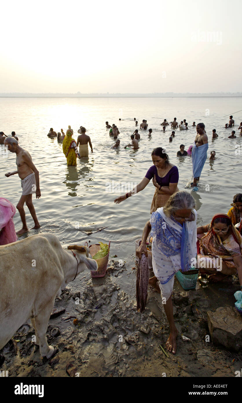 Mattina cerimonia puja. Assi Ghat. Varanasi. India Foto Stock