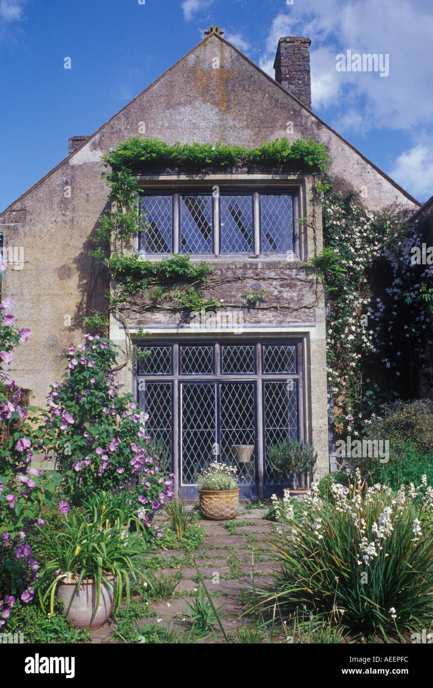 Cothay Manor Wellington Somerset England Regno Unito facciata del giardino di 1920s francese di estensione Windows si apre sulla terrazza Foto Stock