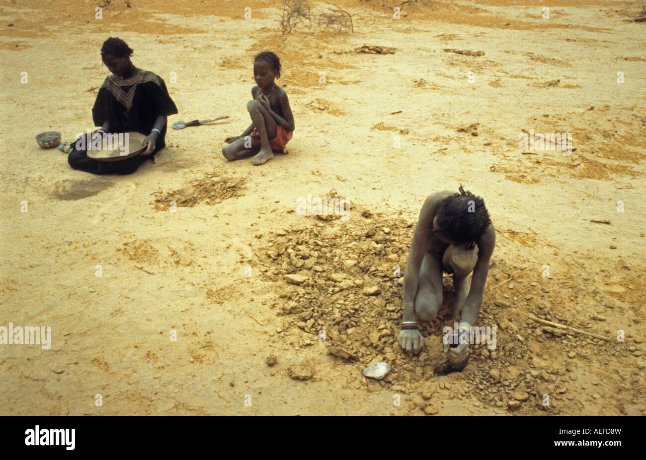 Mali Gao, deserto del Sahara. La gente lo scavo per qualcosa di mangiabile come le radici. Siccità del 1985 e 1984 Foto Stock