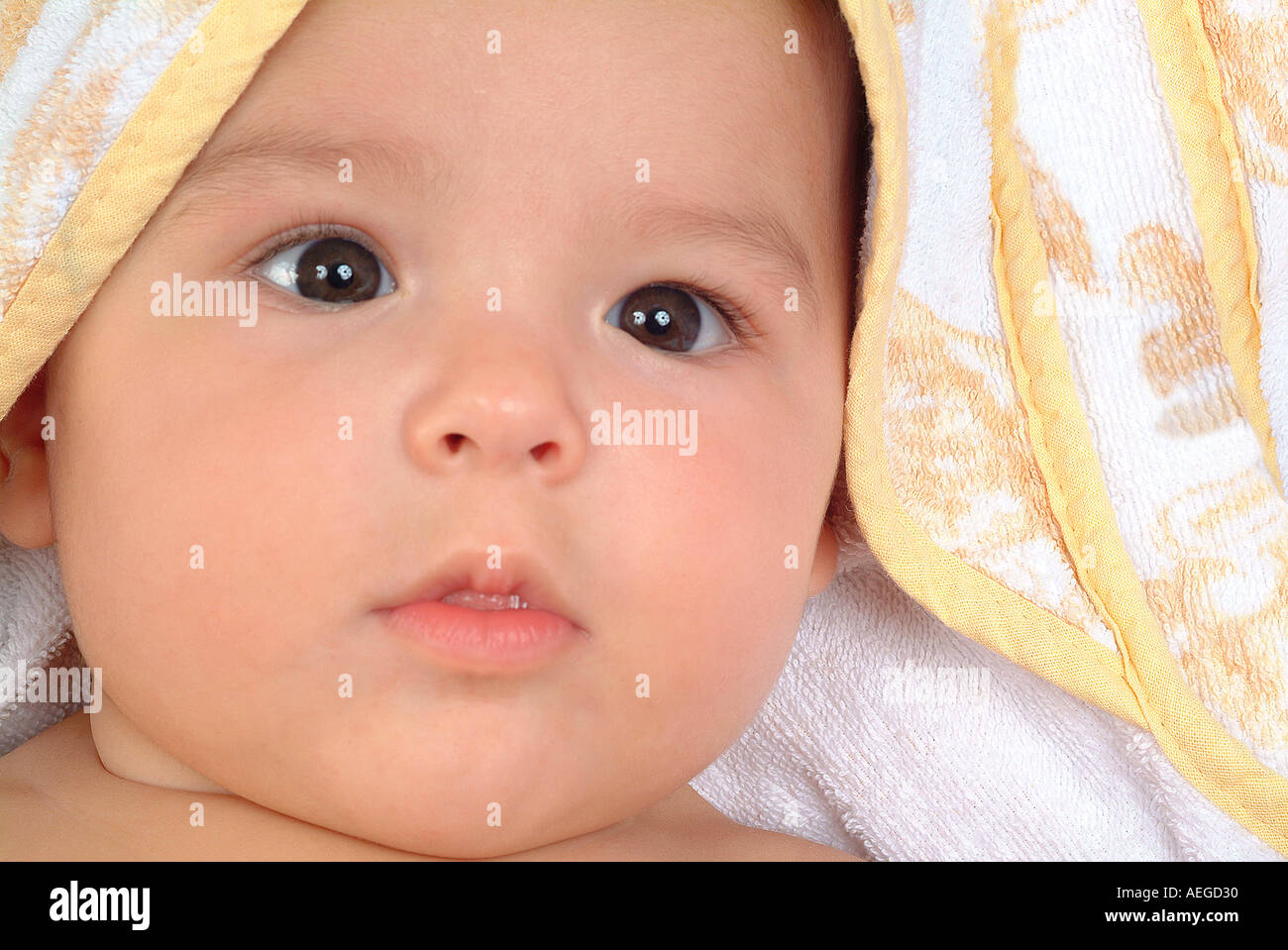 Bambino protezione cofano essiccazione bagno asciugamano bagnato closeup close up close up chubby carino fissando l'espressione emozione persona persone kid ch Foto Stock