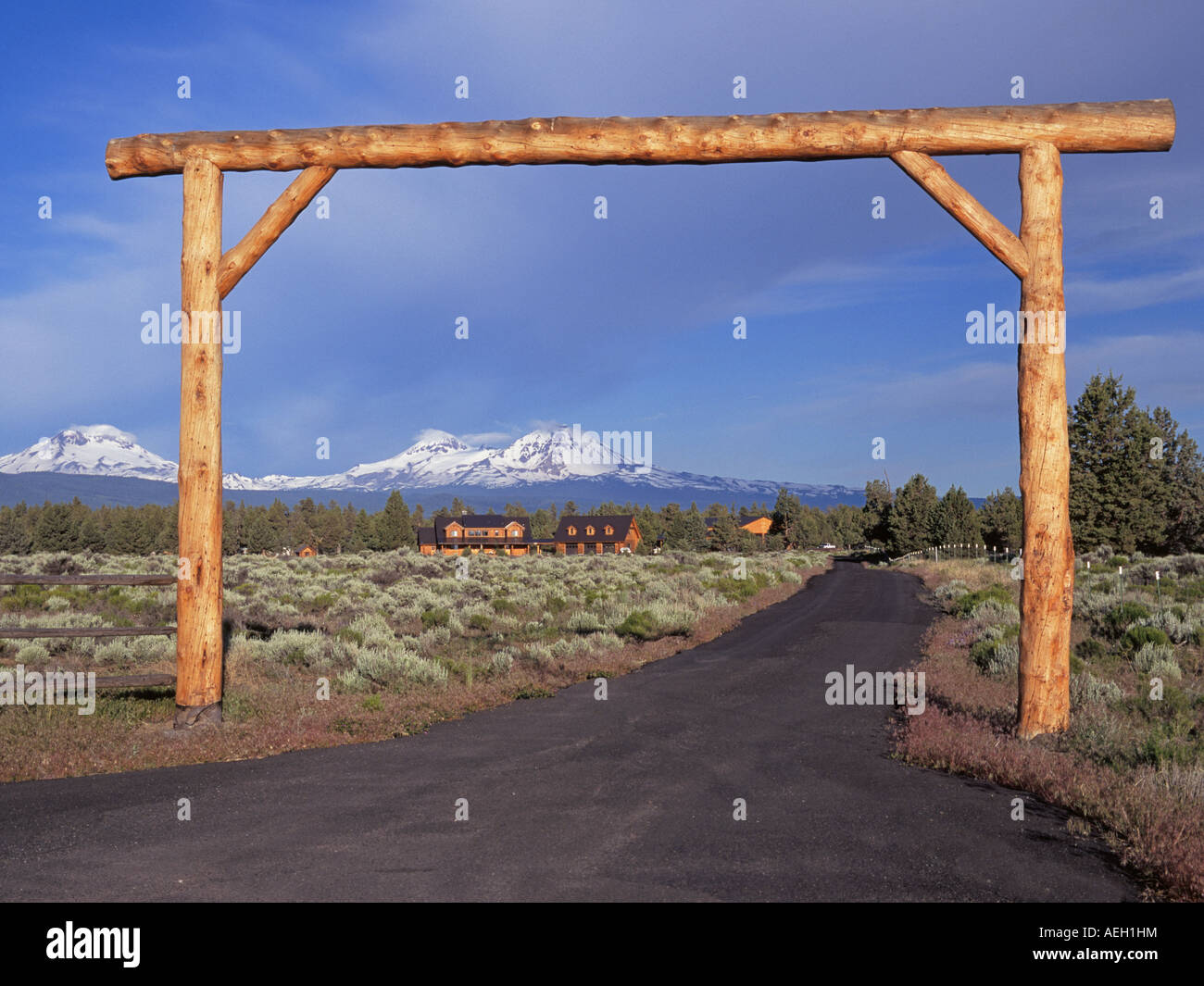 Un gate di un ranch in curva, Oregon Foto Stock