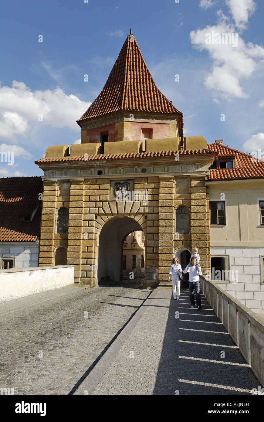 Budweis gate, il centro storico di Cesky Krumlov, Boemia del Sud, Repubblica Ceca Foto Stock