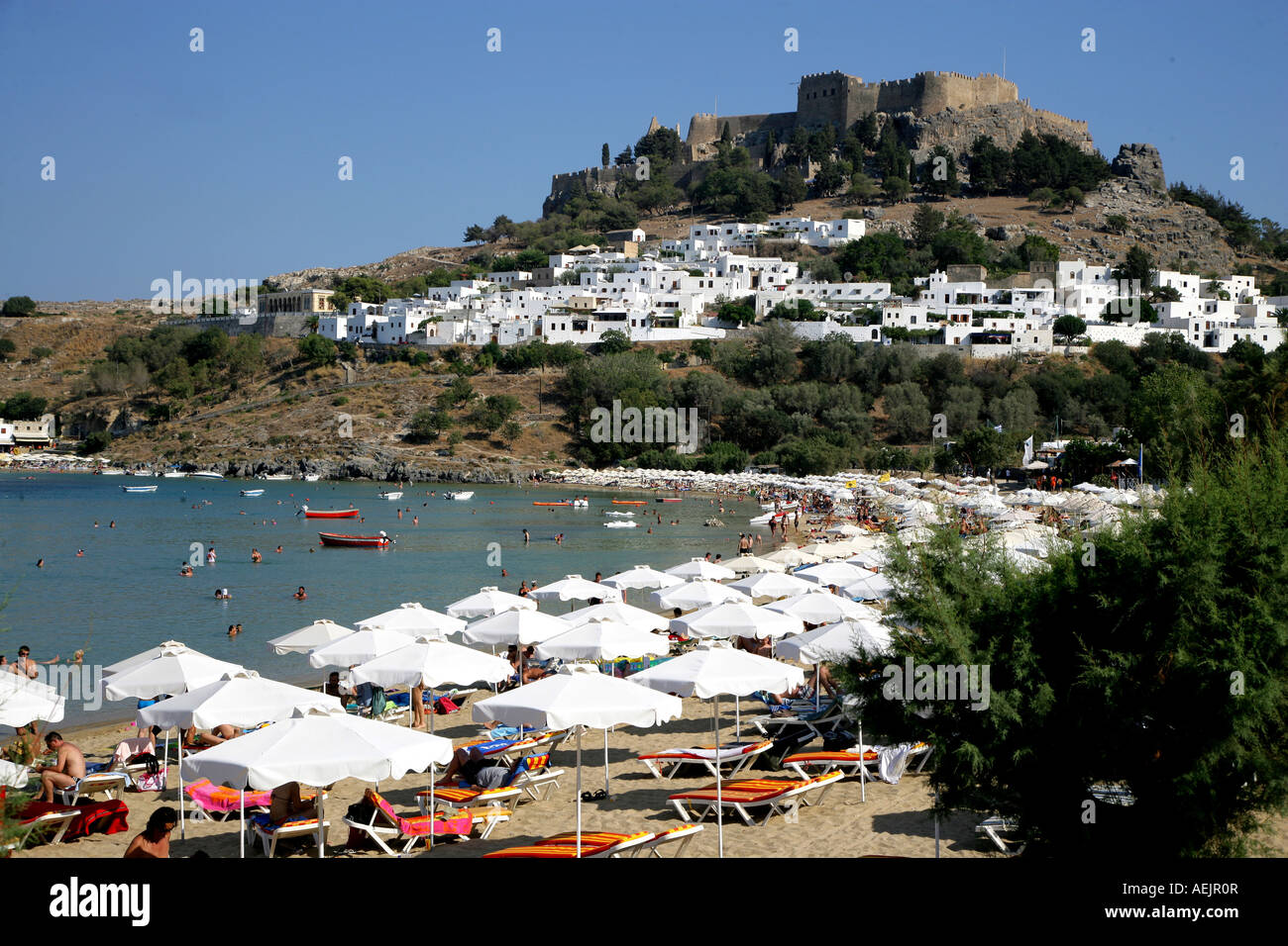 Spiaggia di Lindos a Rodi, Grecia, Europa Foto Stock