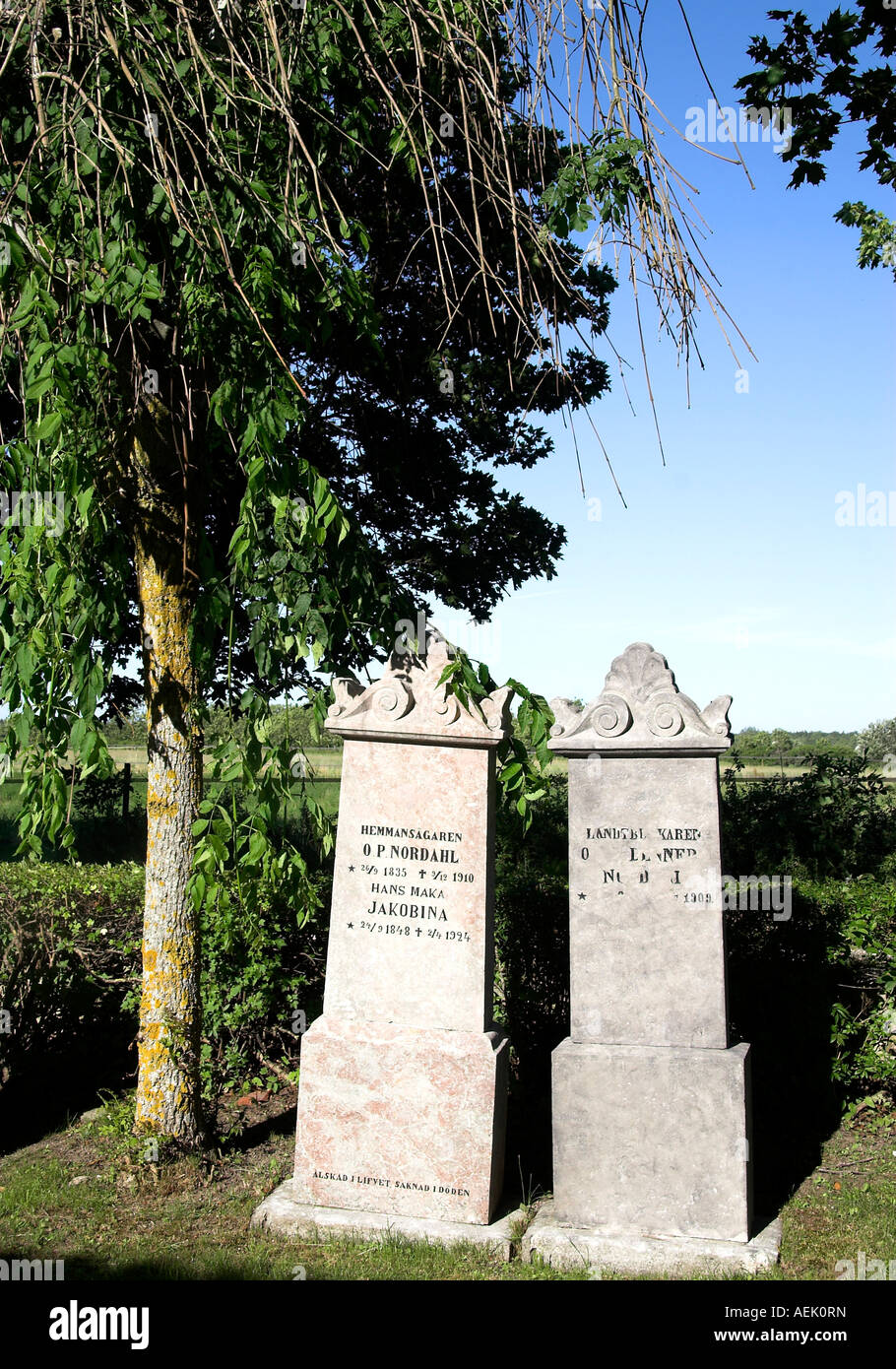 Gli oggetti contrassegnati per la rimozione definitiva sul cimitero in Laerbro, Gotland, Svezia Foto Stock