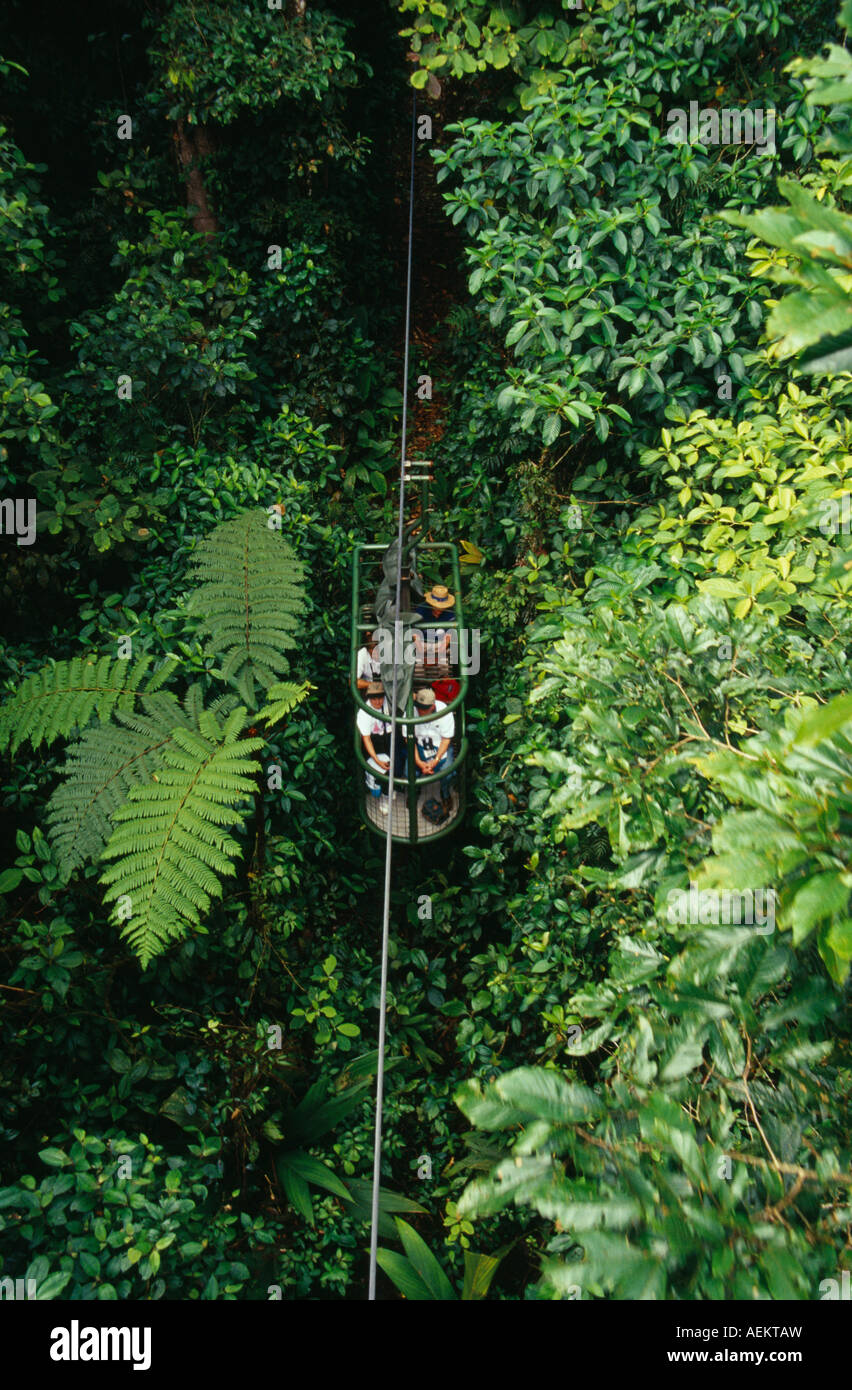 COSTA RICA Sud America paesaggio turisti in aerial tram attraverso la foresta pluviale nei pressi di Braulio Carillo Parco Nazionale Foto Stock
