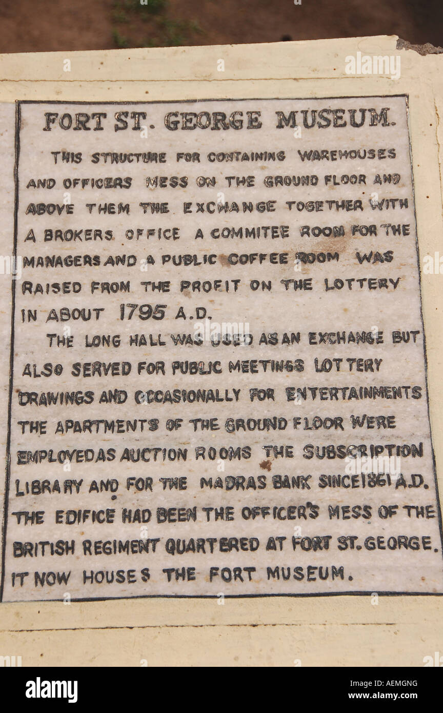 Scheda di informazioni al Fort St George Museum a Chennai, India Foto Stock