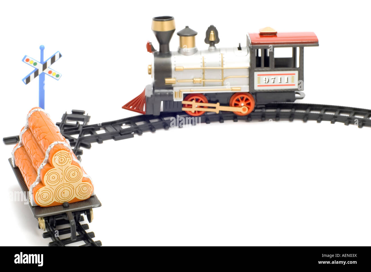 Oggetto di serie su bianco ferrovia giocattolo motore e linea di diramazione Foto Stock