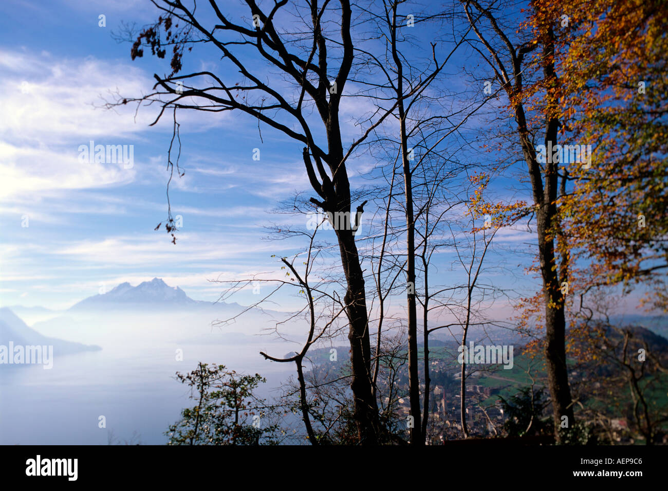 Villaggio di weggis e Monte Pilatus Lago di lucerna swiss alpes il cantone di Lucerna svizzera Foto Stock