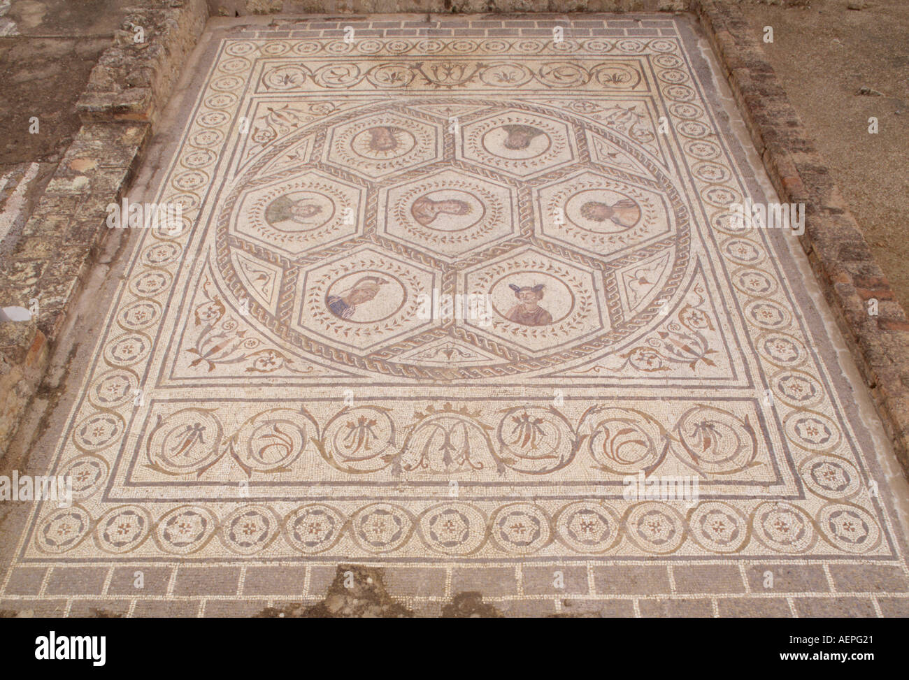 Italica bei Sevilla, Anfiteatro, errichtet unter Adriano, 117-38, Fußbodenmosaik Foto Stock