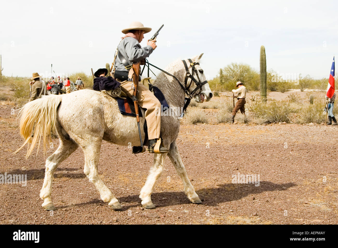 Montato su una guerra civile re-enactor durante la battaglia di Valverde Picacho Peak stato parco Arizona Marzo 2007 Foto Stock