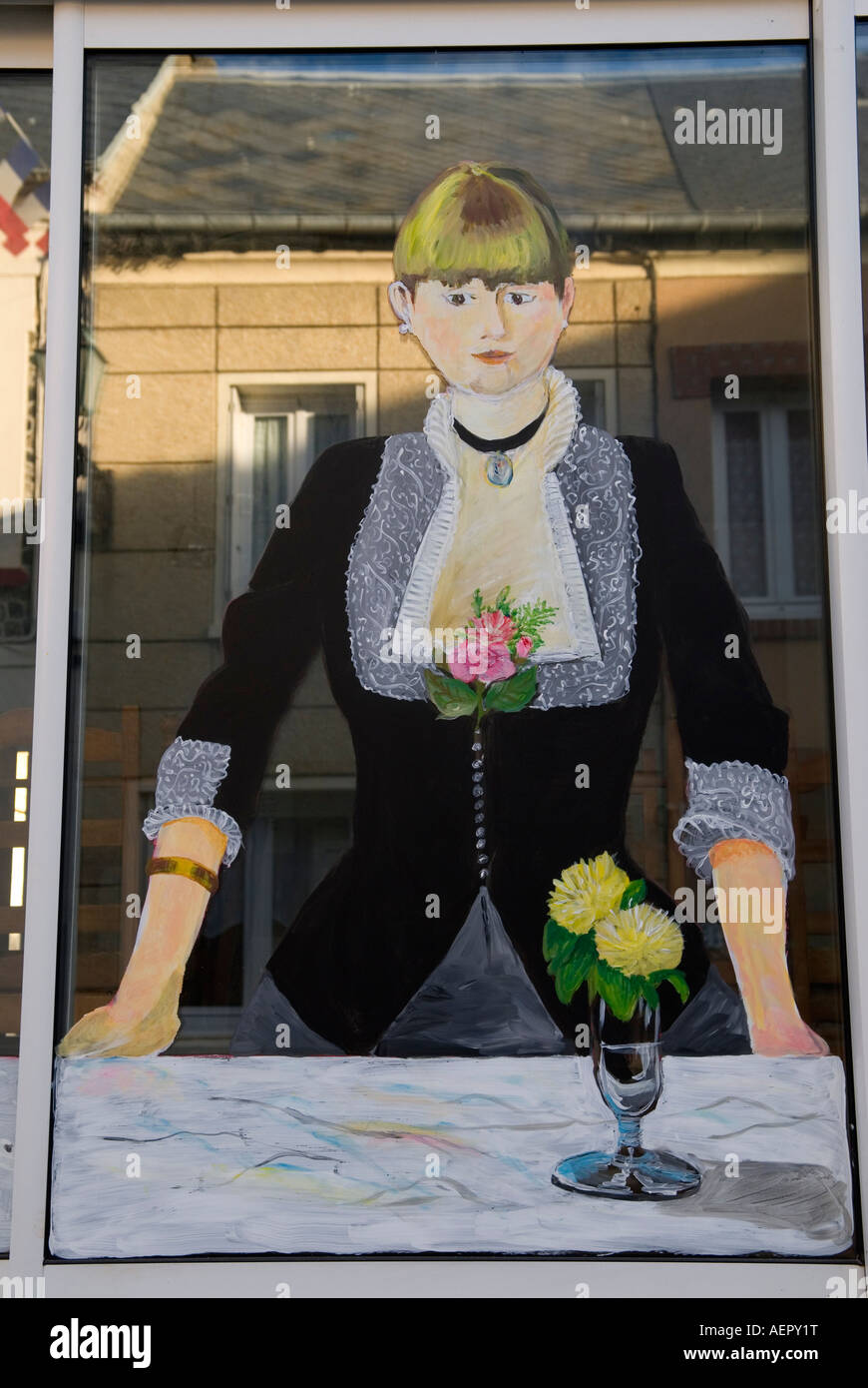 Finestra dipinte di un ristorante Yport Normandia Francia Foto Stock