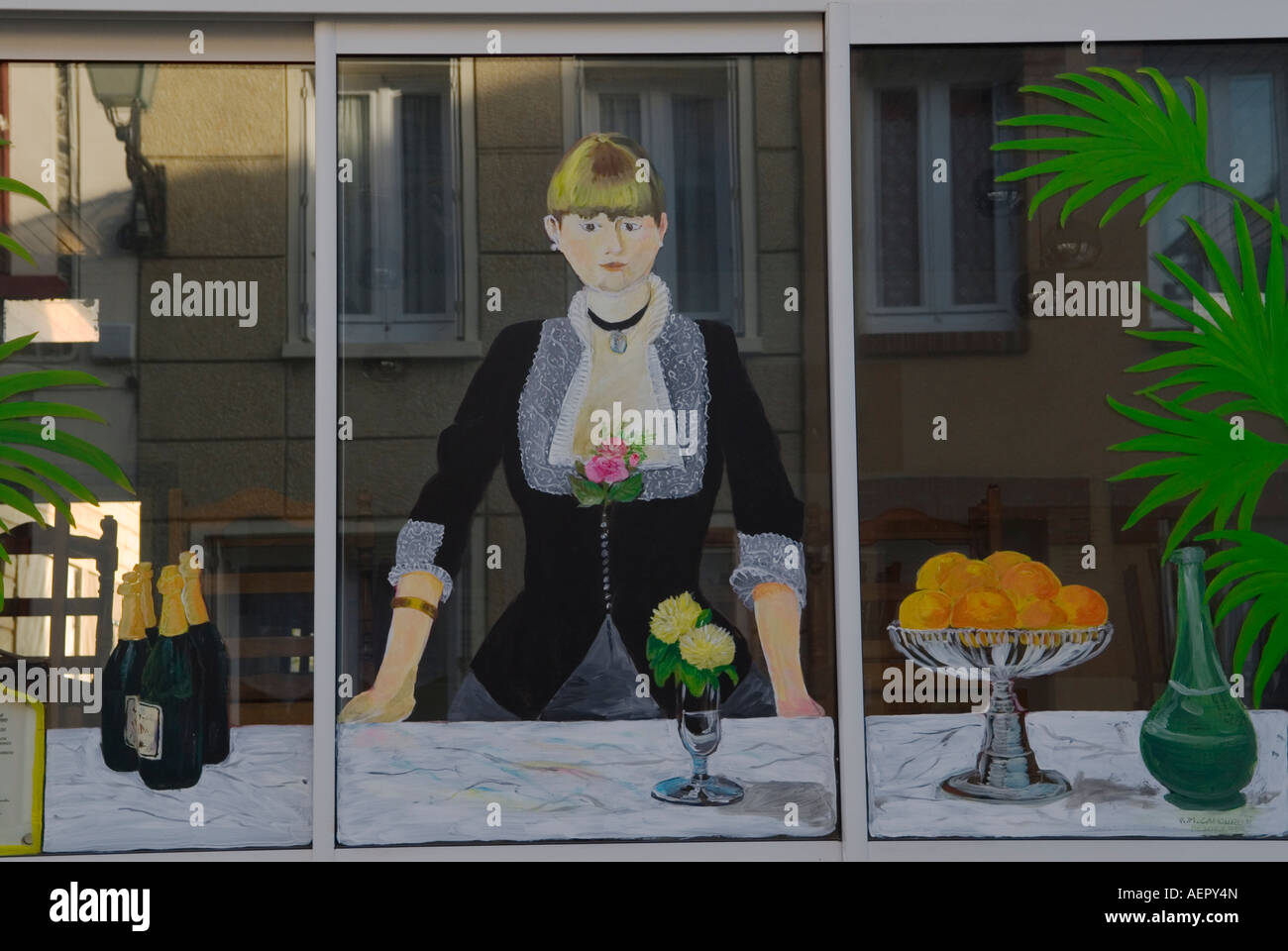 Finestra dipinte di un ristorante Yport Normandia Francia Foto Stock