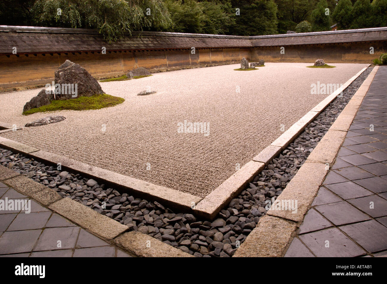Il famoso ghiaia secca e rock giardino zen al tempio di Ryoanji a Kyoto in Giappone Foto Stock