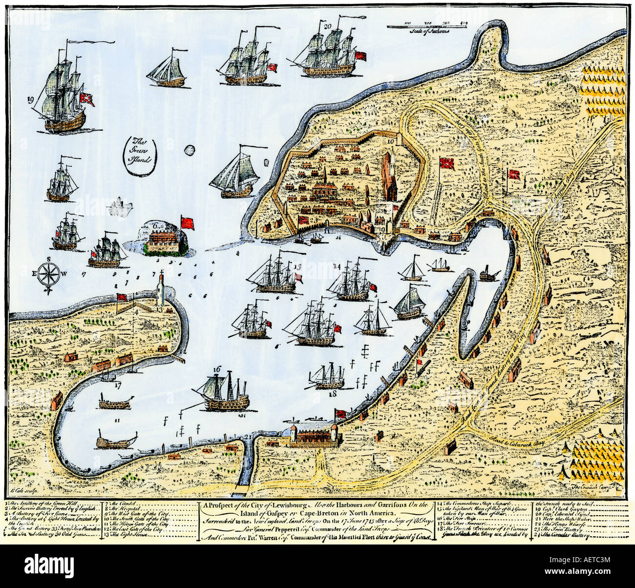 Porto francese di Louisbourg Nova Scotia assediata dai nuovi Englanders vela sotto bandiera Britannica 1745. Colorate a mano la xilografia Foto Stock