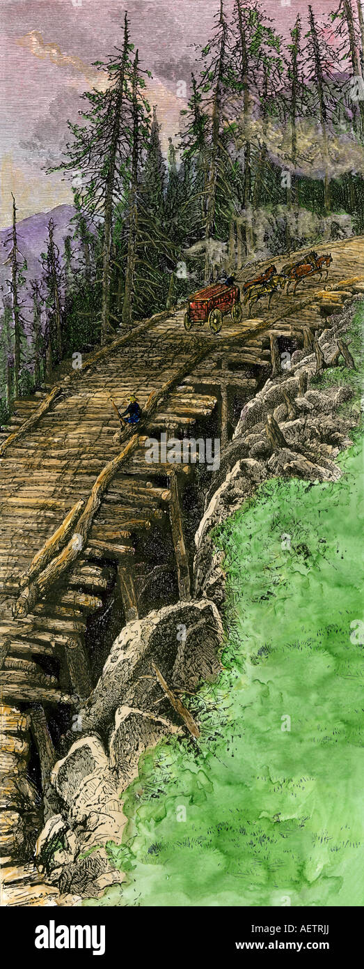 Ponte di velluto a coste sulla strada di Mount Mansfield Vermont 1800s. Colorate a mano la xilografia Foto Stock