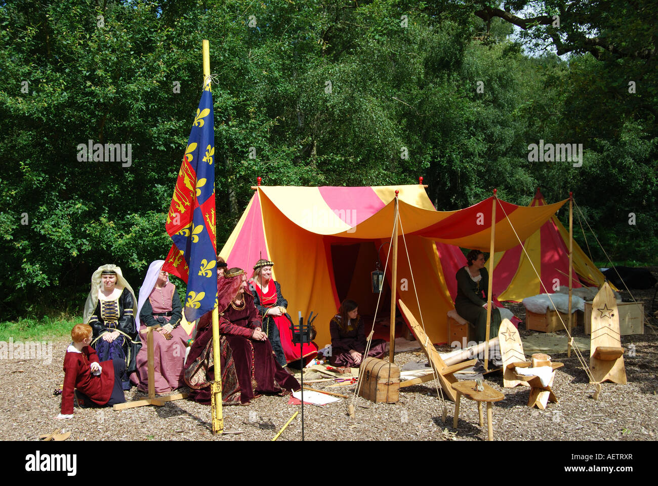 Tented encampment, Robin Hood Festival, la Foresta di Sherwood, Nottinghamshire, England, Regno Unito Foto Stock