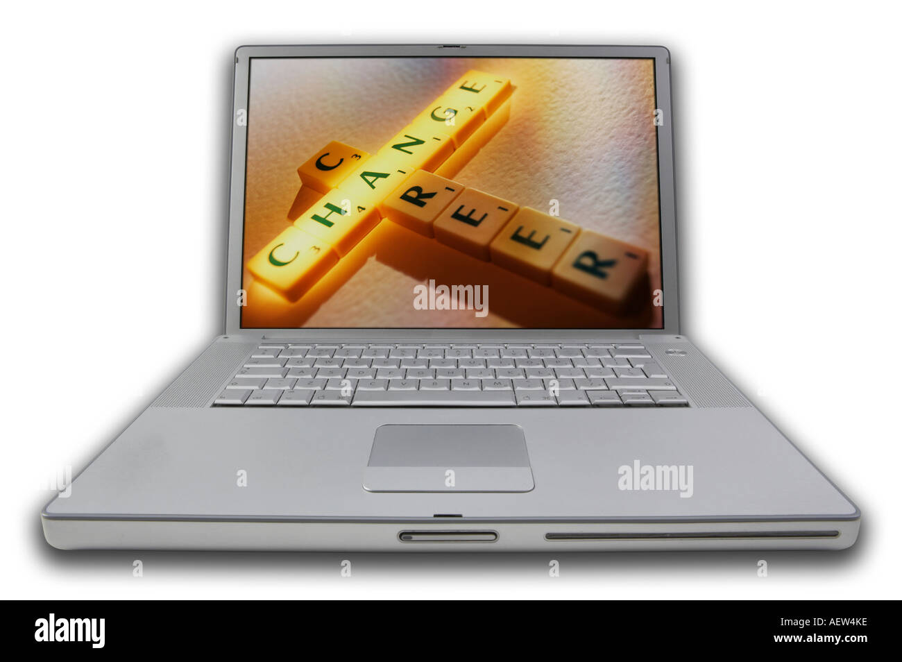 COMPUTER LAP TOP CON SCRABBLE lettere sullo schermo l'ortografia parole cambiamento di carriera Foto Stock