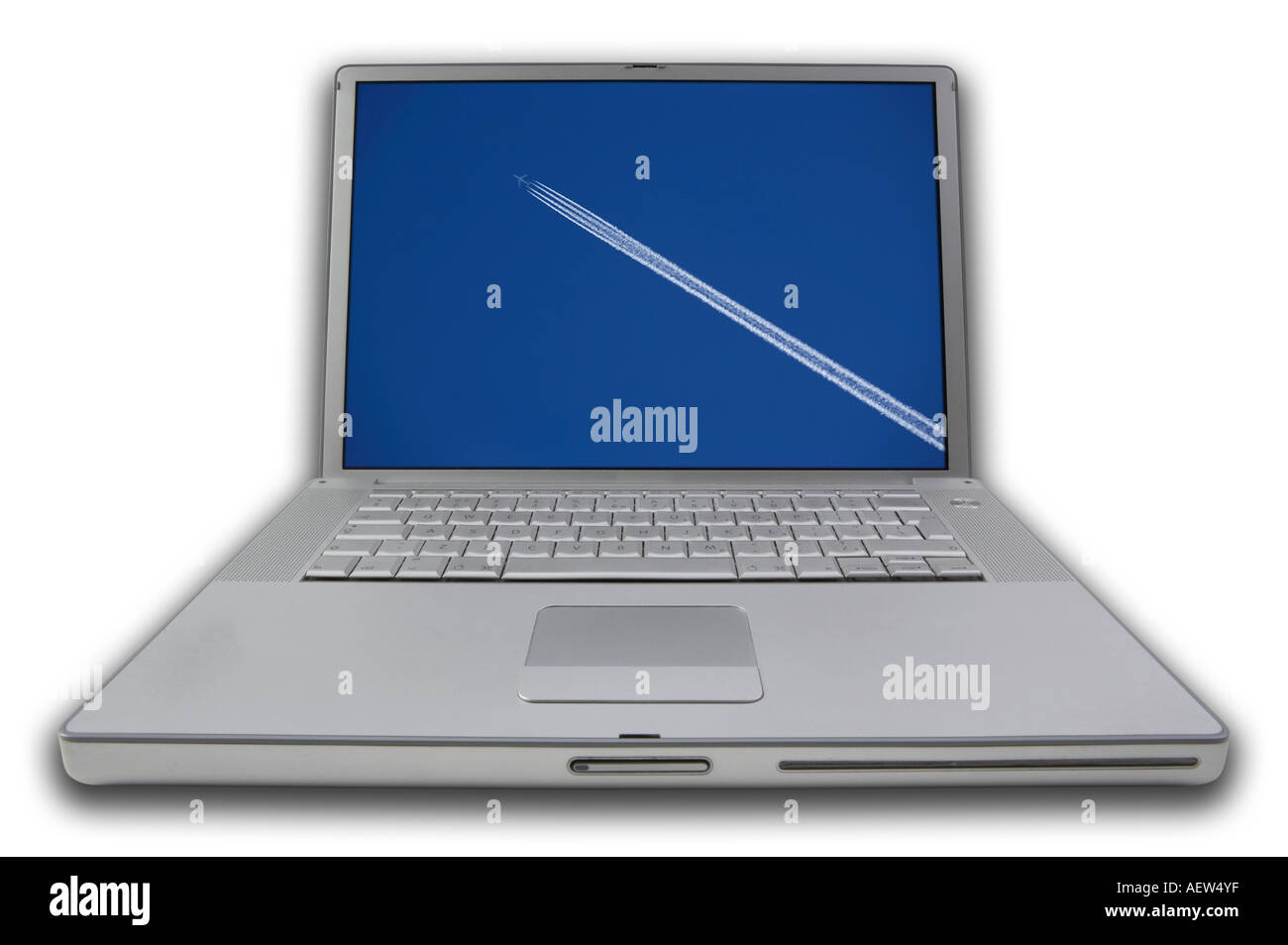 LAP TOP NOTE BOOK PERSONAL COMPUTER la visualizzazione di foto su un aeromobile jet nel cielo blu sullo schermo Foto Stock