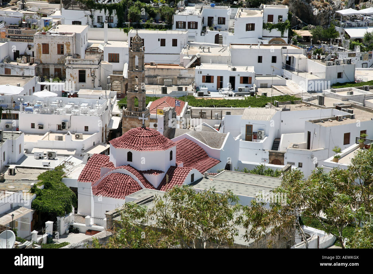 Vista di Lindos con Chiesa Rodi Isole Greche Grecia Hellas Foto Stock