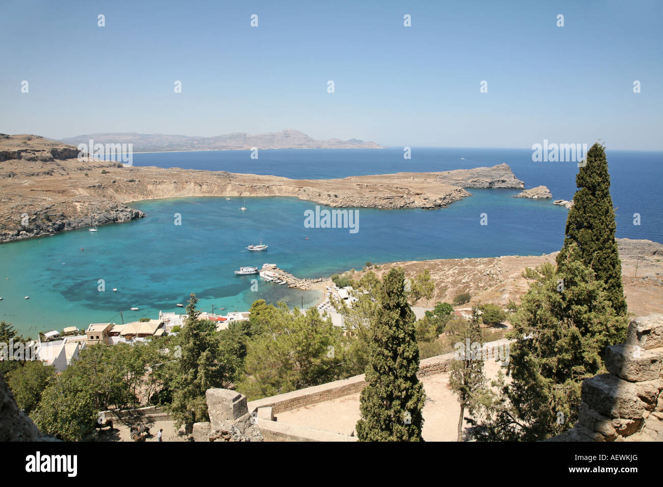 Vista dall'Acropoli di Lindos Rodi Isole Greche Grecia Hellas Foto Stock