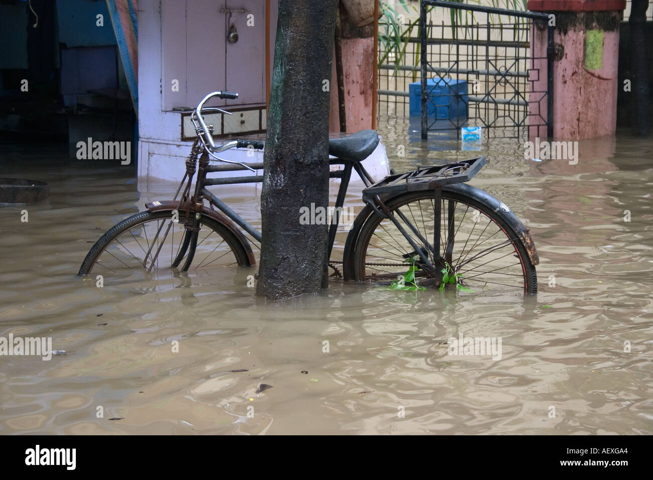 Bicicletta immersi nel monsone di acqua di pioggia a Bombay ora Mumbai India Foto Stock