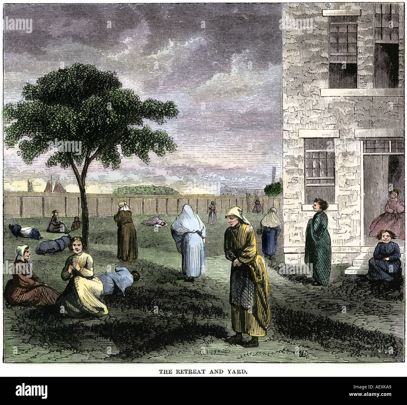 Pazienti in cantiere di Blackwell Isola Manicomio New York City 1860s. Colorate a mano la xilografia Foto Stock