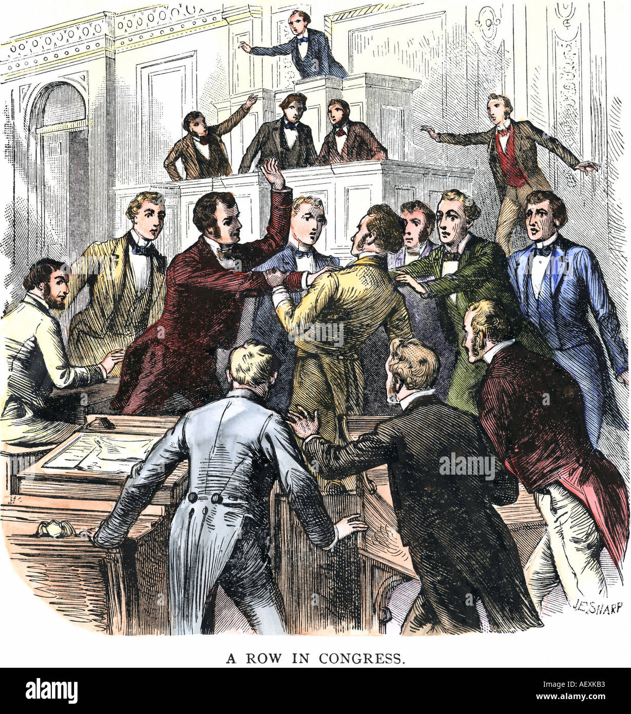 Fistfight fra i membri del Congresso degli Stati Uniti che non sono d' accordo primi 1800s. Colorate a mano la xilografia Foto Stock