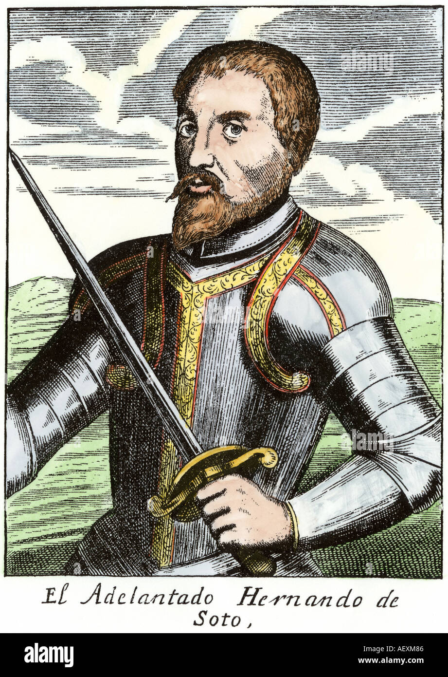 Il conquistador spagnolo Hernando De Soto. Colorate a mano la xilografia Foto Stock