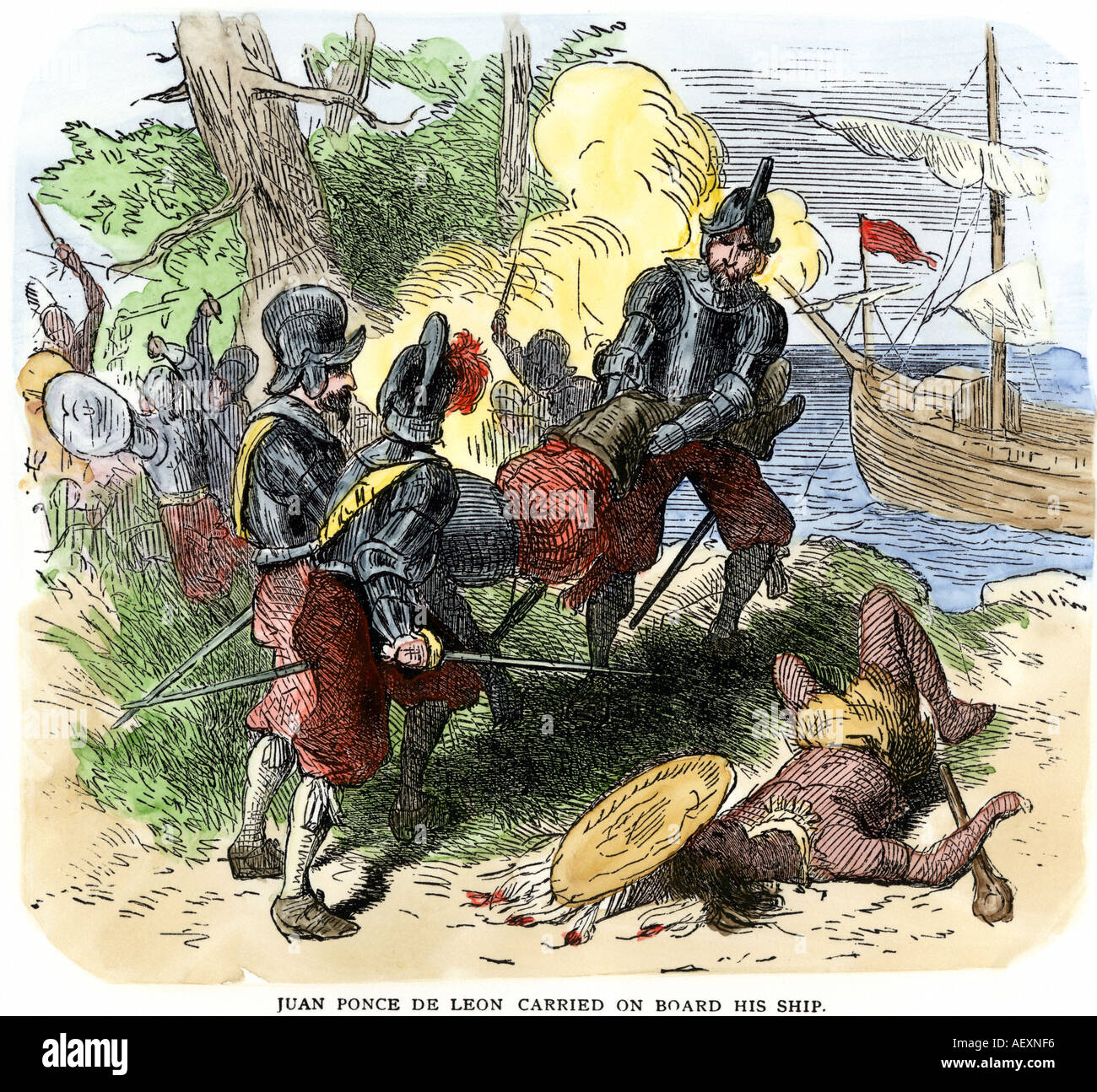 Juan Ponce de Leon ferito dalla Florida nativi e portati a bordo della sua nave per ritirarsi a Cuba 1521. Colorate a mano la xilografia Foto Stock