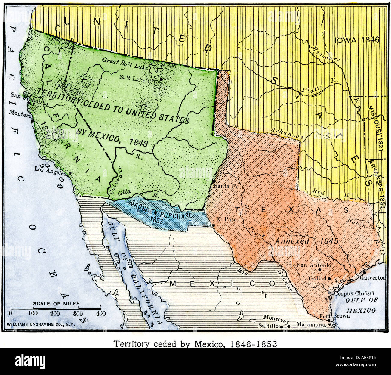 Mappa del territorio ceduti dal Messico agli Stati Uniti dopo il messicano guerra americana 1848 a 1853. Colorate a mano la xilografia Foto Stock