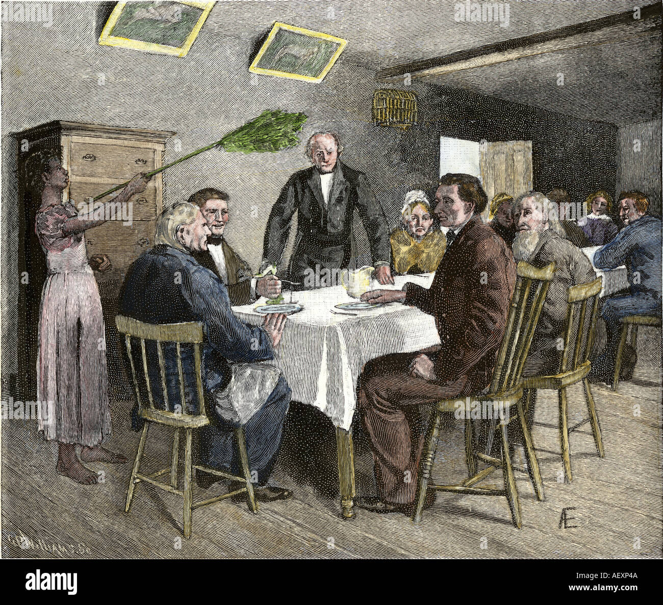 Plantation cena gli ospiti aperti a ventaglio da una schiava nel profondo sud. Colorate a mano la xilografia Foto Stock