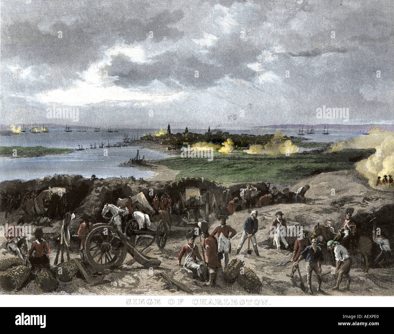 Assedio di Charleston, Carolina del Sud dal British Rivoluzione Americana. Colorate a mano incisione in acciaio Foto Stock