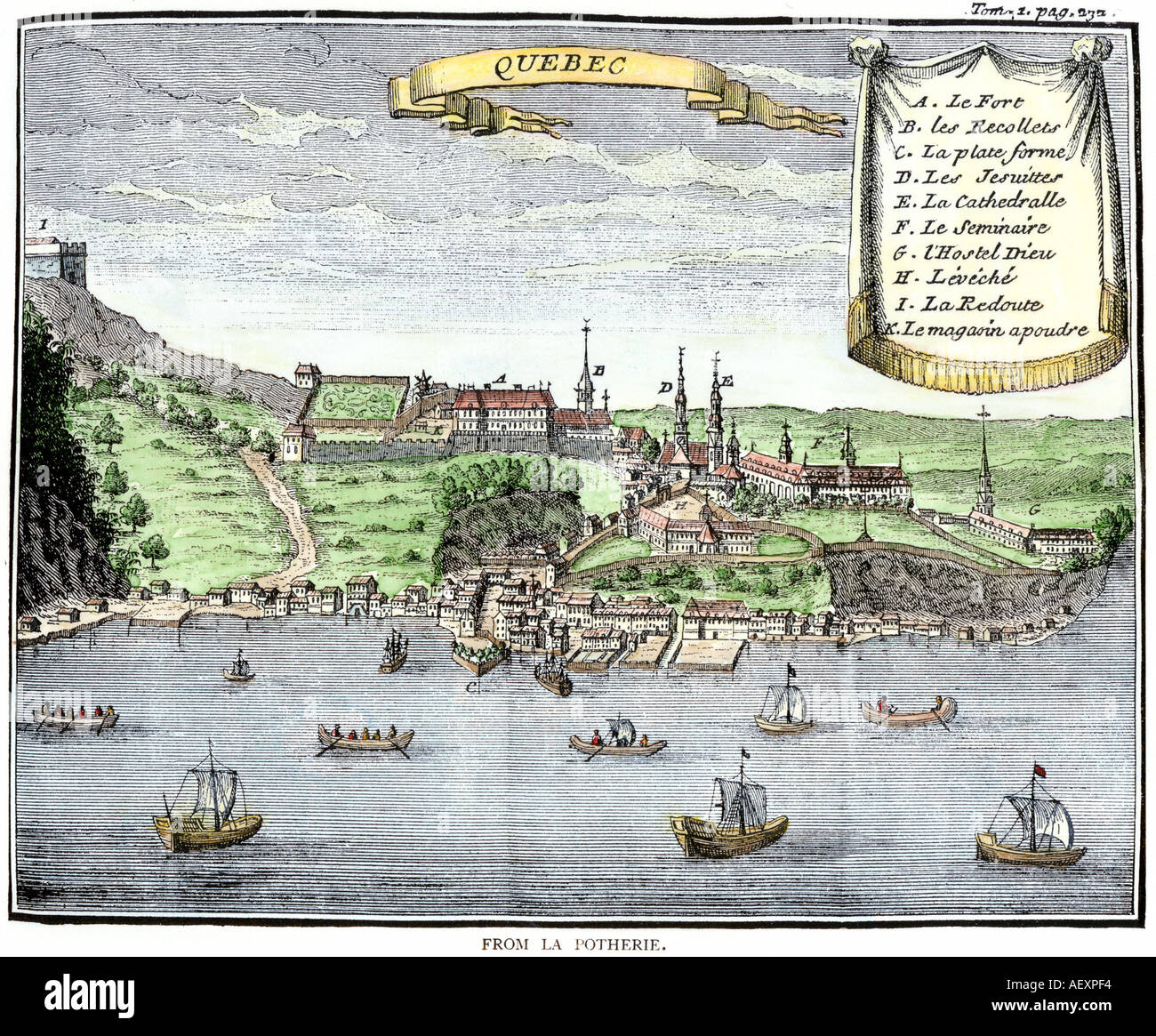 Quebec City e il fiume San Lorenzo 1722. Colorate a mano la xilografia di a la illustrazione Potherie Foto Stock