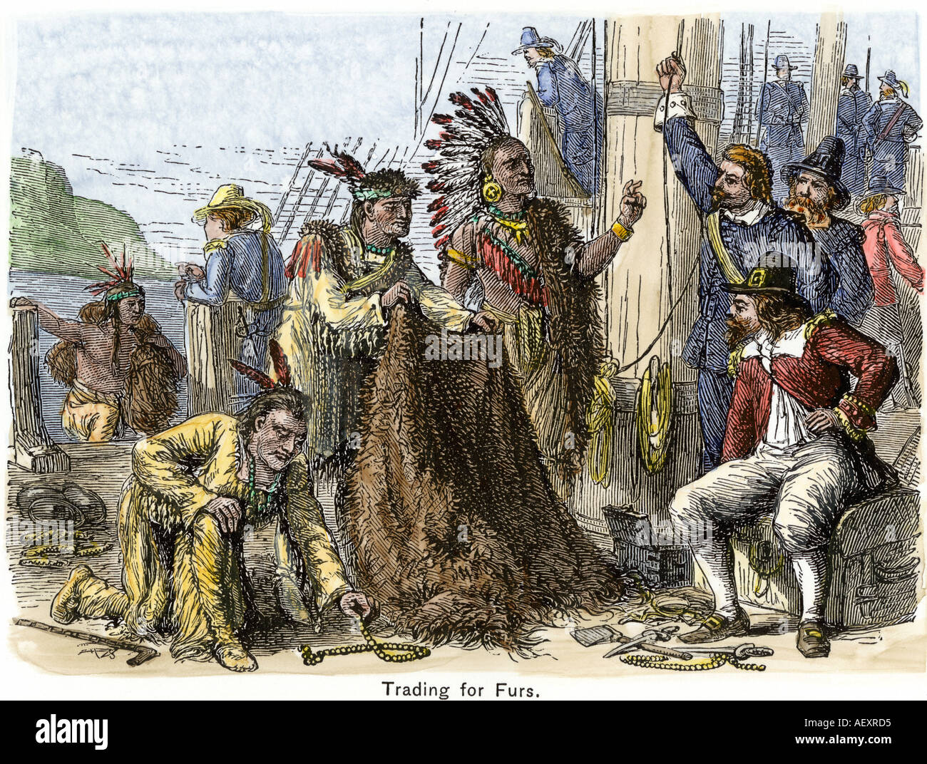 Nativi americani a bordo di una nave per il commercio di pellicce europei 1600s. Colorate a mano la xilografia Foto Stock
