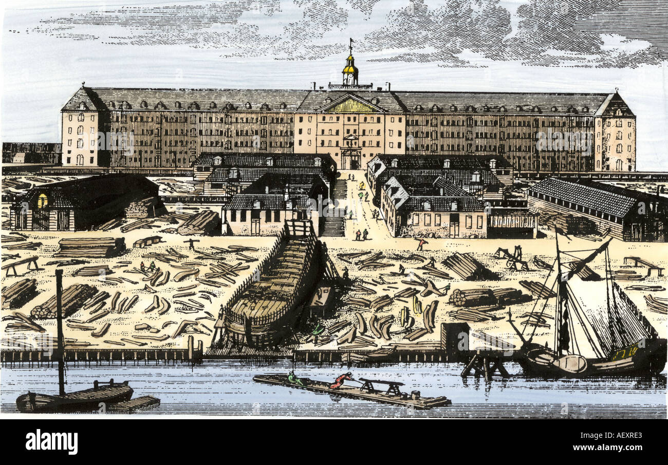 Dutch East India Company in Amsterdam che mostra i depositi di cantiere e. Colorate a mano la xilografia Foto Stock