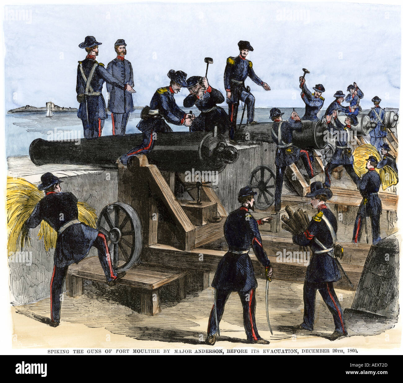 Union Army spiking cannoni di Fort Moultrie prima dello svuotamento di Fort Sumter 26 dicembre 1860, inizio della guerra civile. Colorate a mano la xilografia Foto Stock