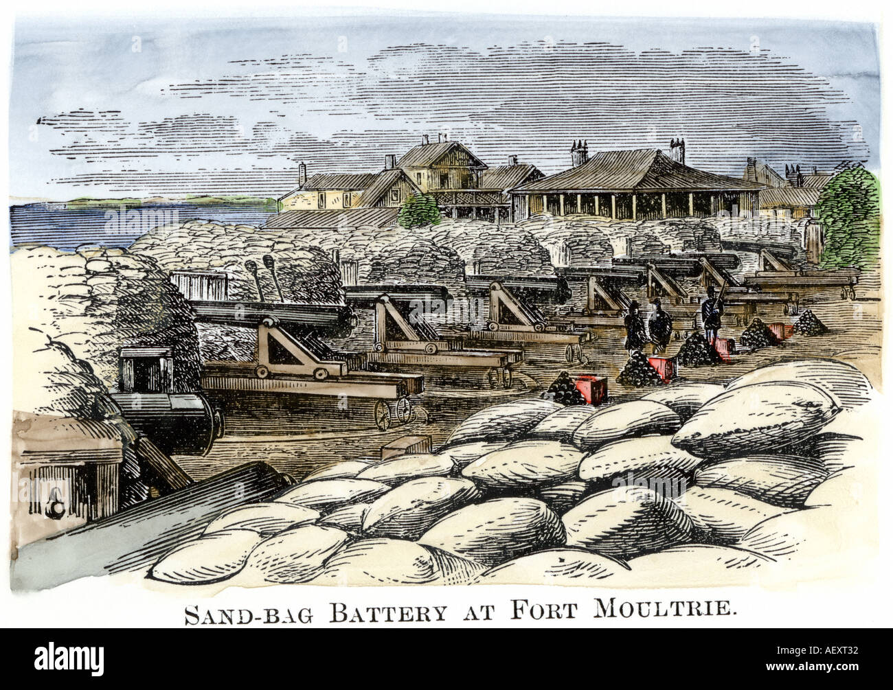 Sacchi di sabbia a Fort Moultrie artiglieria di protezione volte a Fort Sumter alla vigilia della guerra civile americana. Colorate a mano la xilografia Foto Stock