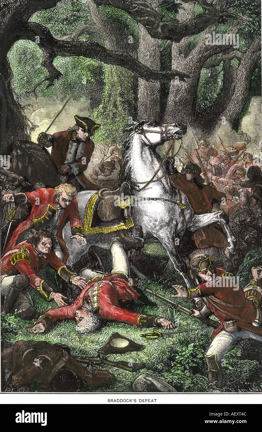 La sconfitta del generale inglese Edward Braddock en route a Fort Duquesne in la guerra di indiano e francese 1755. Colorate a mano la xilografia Foto Stock
